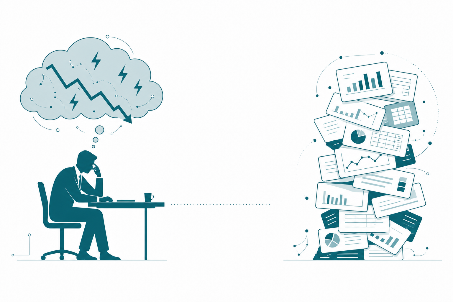 An executive with a worry cloud on one side and a pile of disconnected report requests on the other, separated by a dotted, unbridged gap