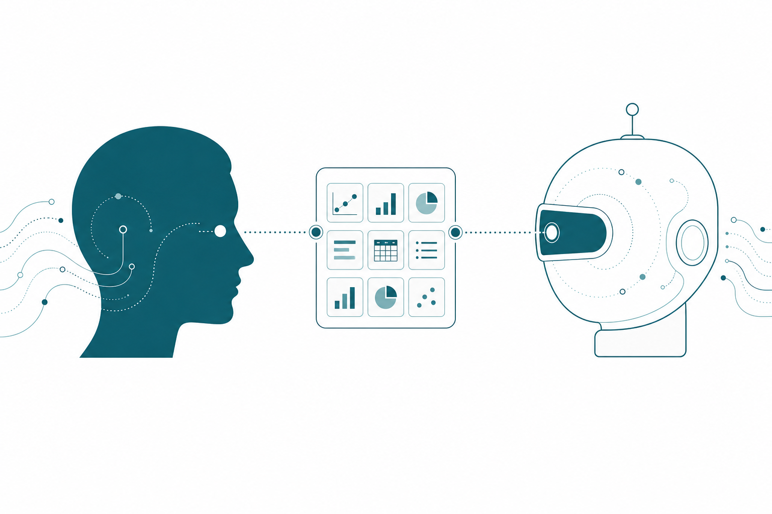 A human head silhouette facing a robot head, with a shared panel of chart, table, and list tiles between them and a dotted line running straight through the panel to connect both sides