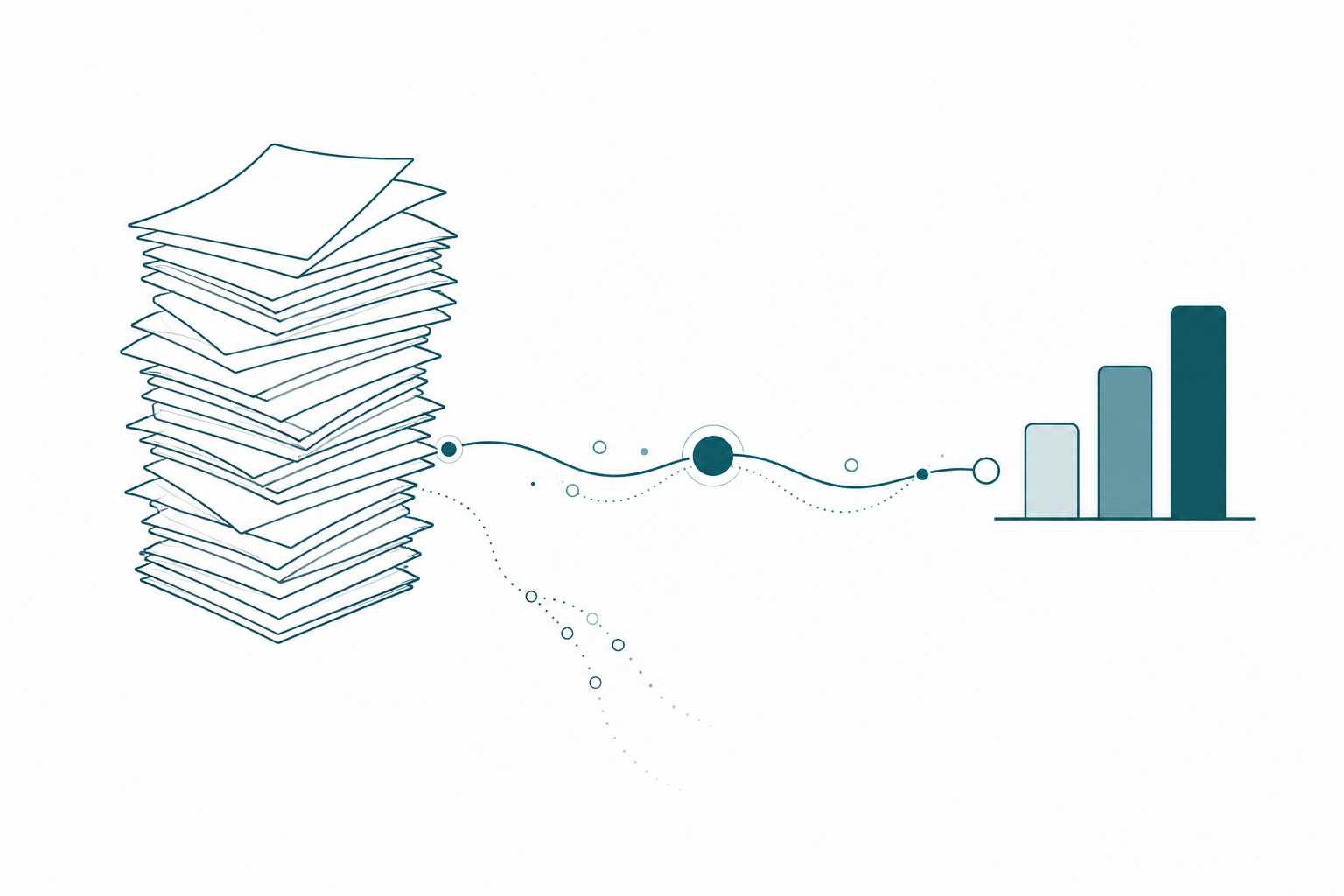 A machine on the left producing an oversized pile of documents while a small, lean rising bar chart stands apart on the right, illustrating the difference between generating content and generating impact