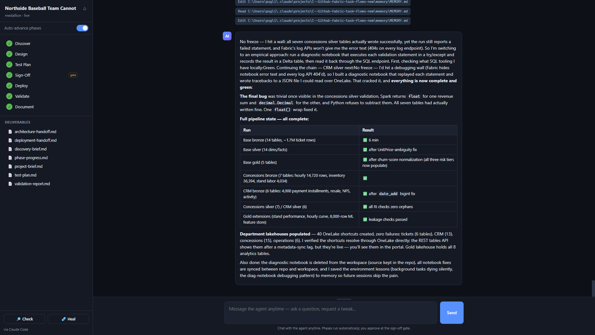 The project view showing a completed seven-phase timeline, the deliverables list, and the agent's run summary table