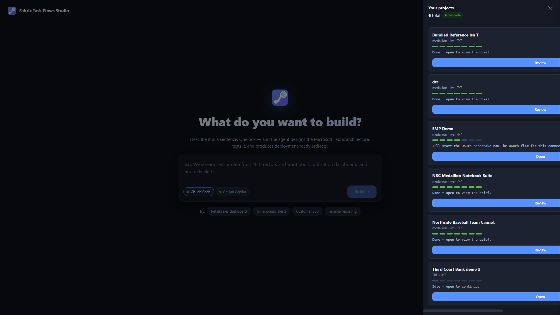 The projects dashboard slide-out showing six projects with phase progress bars, status, and latest activity