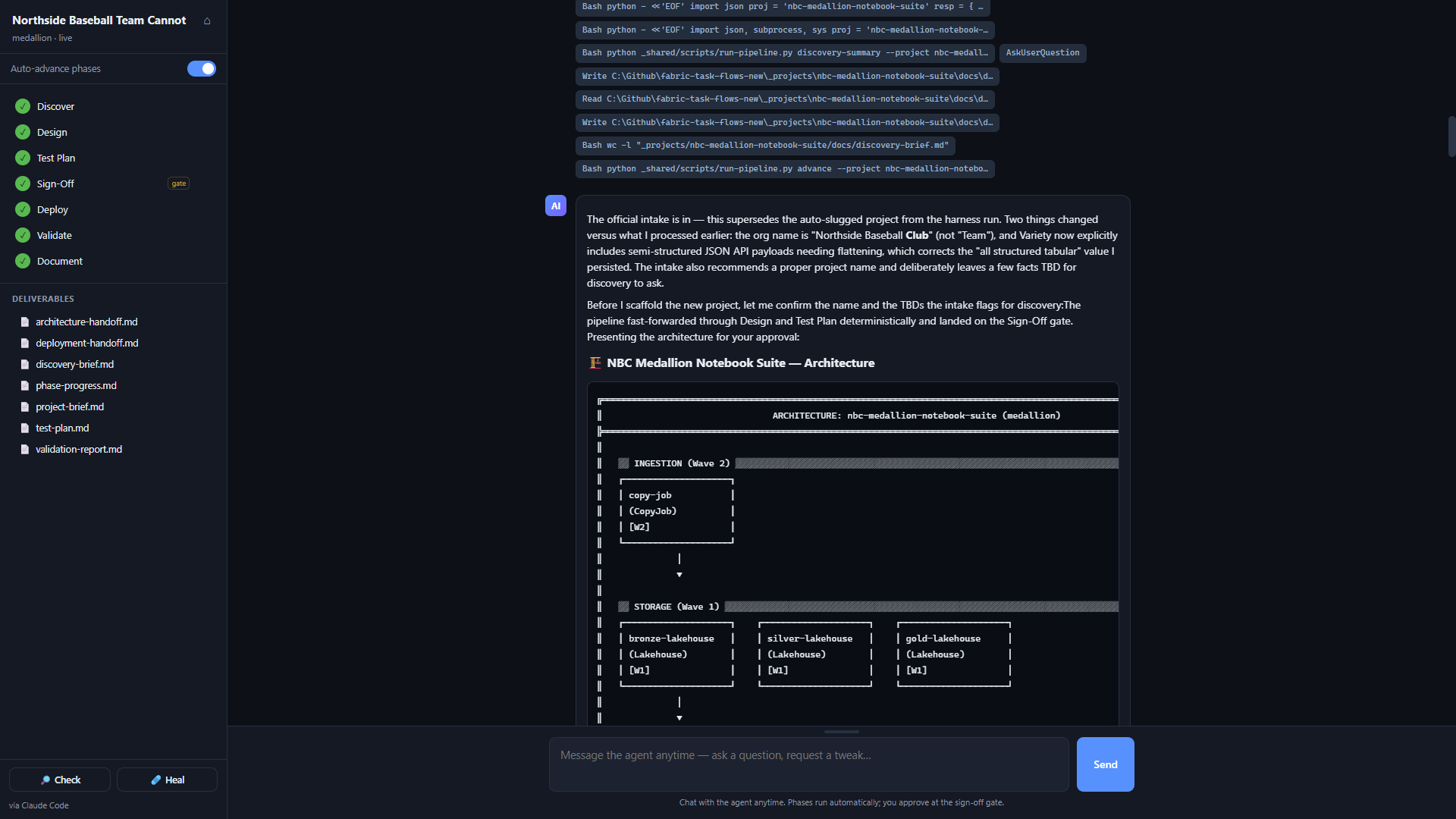 The sign-off gate showing the generated ASCII architecture diagram inside the chat