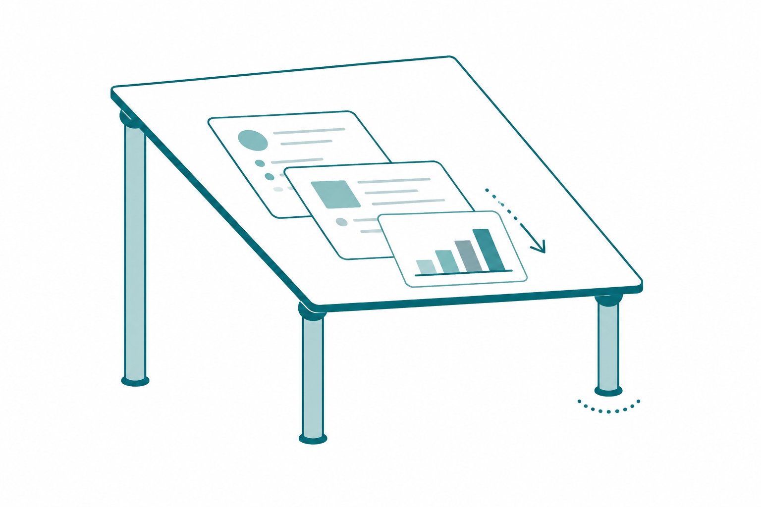 A four-legged table holding a dashboard, with one leg noticeably shorter than the other three so the tabletop tilts toward that corner