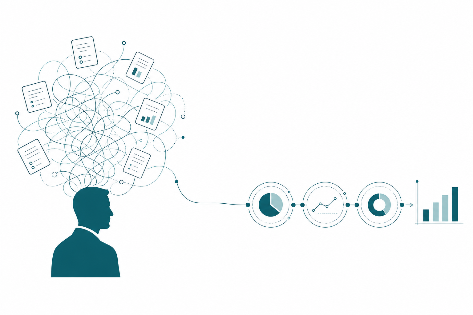 An executive silhouette with a tangled cloud of disconnected report requests on the left, and a single flowing line resolving into clear metric nodes and a chart on the right
