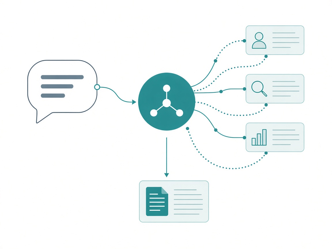 A chat question bubble on the left flowing into a central teal orchestrator node that fans out to three agent cards, with dotted return paths looping back and a single merged answer document at the bottom