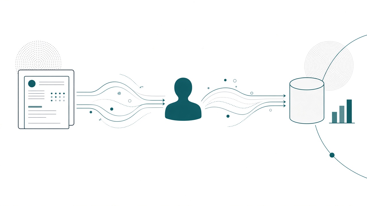A structured document card on the left flowing right along connector lines through a solid human silhouette node that injects into the stream, continuing into a lakehouse cylinder and a bar chart on the right