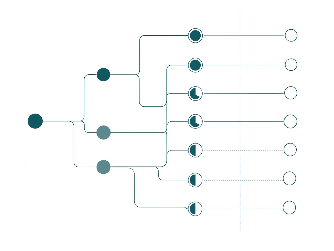 A branching tree diagram whose left nodes are solid filled circles and whose rightmost nodes are hollow outlined circles, with a dotted boundary line running vertically between the settled and unsettled nodes