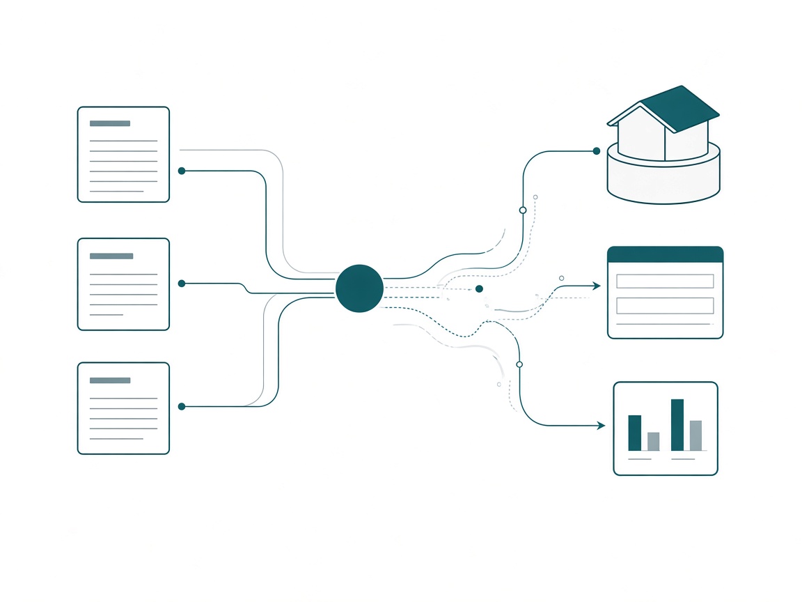 Three separate document cards docked into a single central circular node on the left, with flowing connector lines continuing right into a lakehouse cylinder, an ERD table card, and a dashboard panel