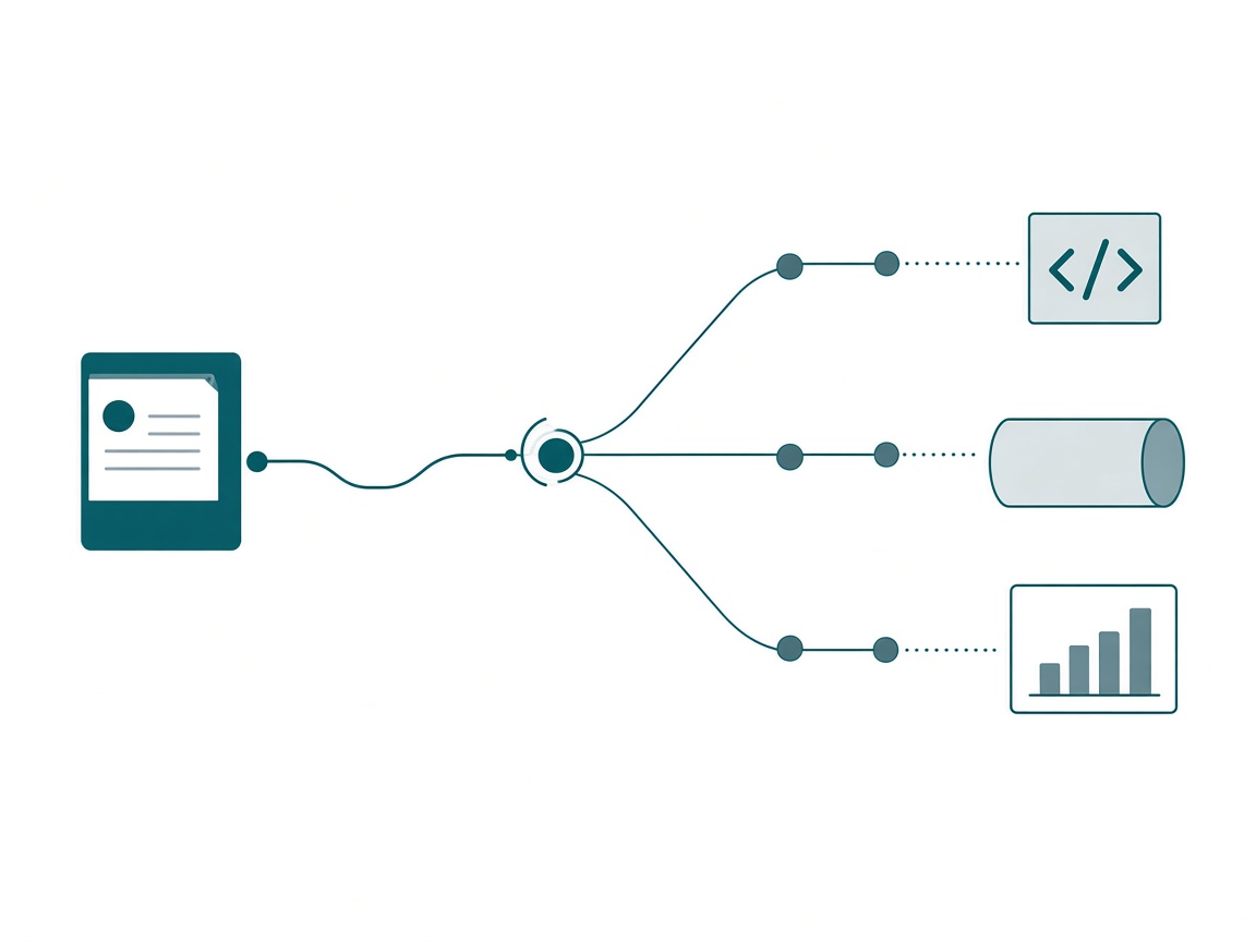One skill document card on the left passing through a single conversion node and emerging as three differently shaped output cards on the right, each linked onward to a distinct destination icon: a code bracket block, a lakehouse cylinder, and a dashboard panel