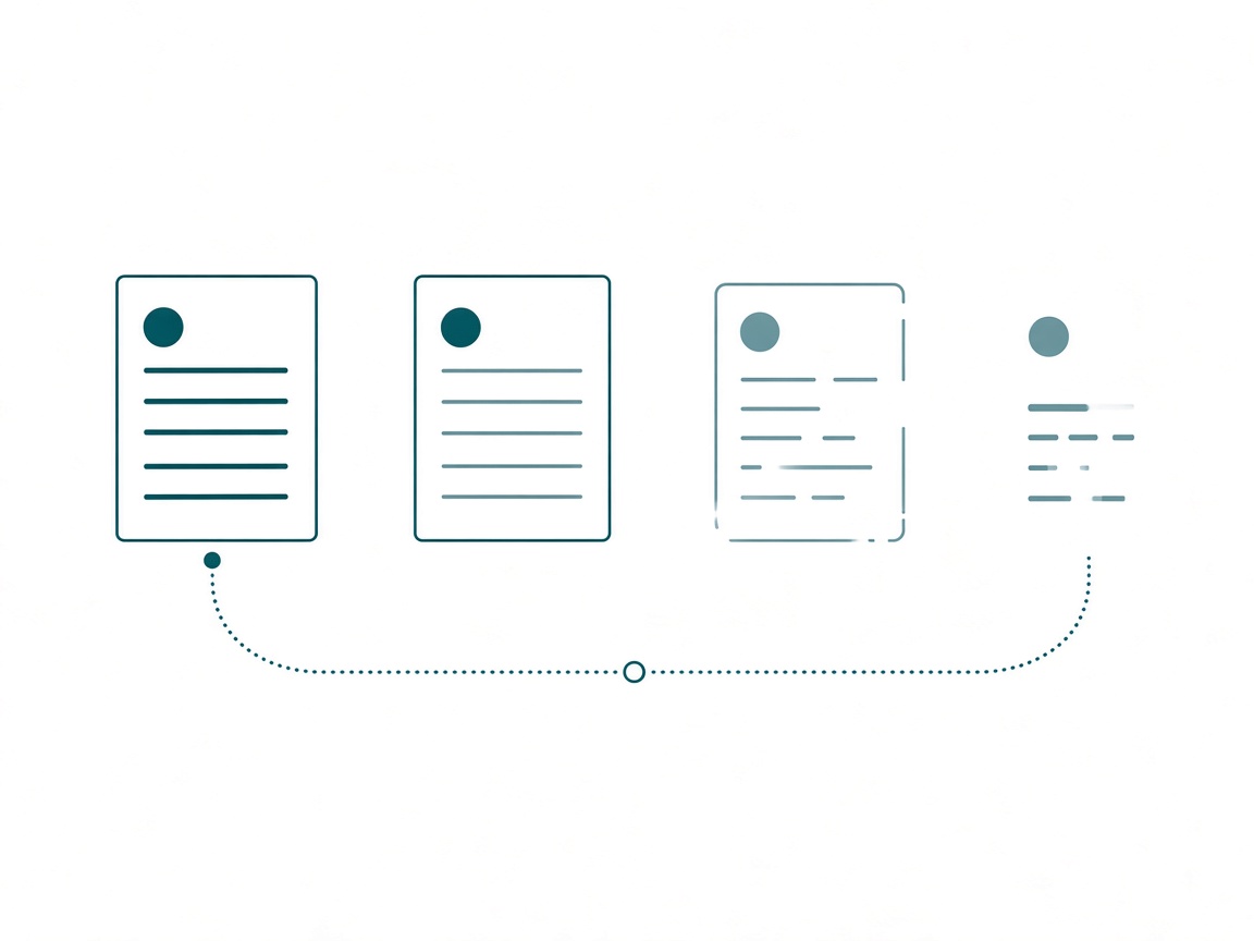 A crisp document card on the left whose horizontal content lines progressively fade and fragment toward the right, with a dotted return path looping from the degraded card back through a node to the intact one
