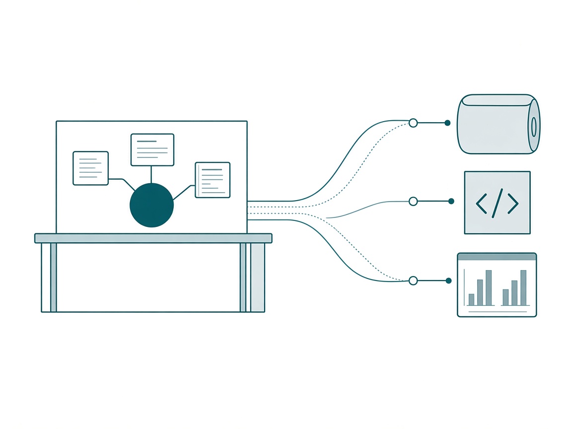 A workbench frame containing a filled agent node with small skill cards and context cards docked to it, with connector lines running right out of the frame into a lakehouse cylinder, a code bracket block, and a dashboard panel