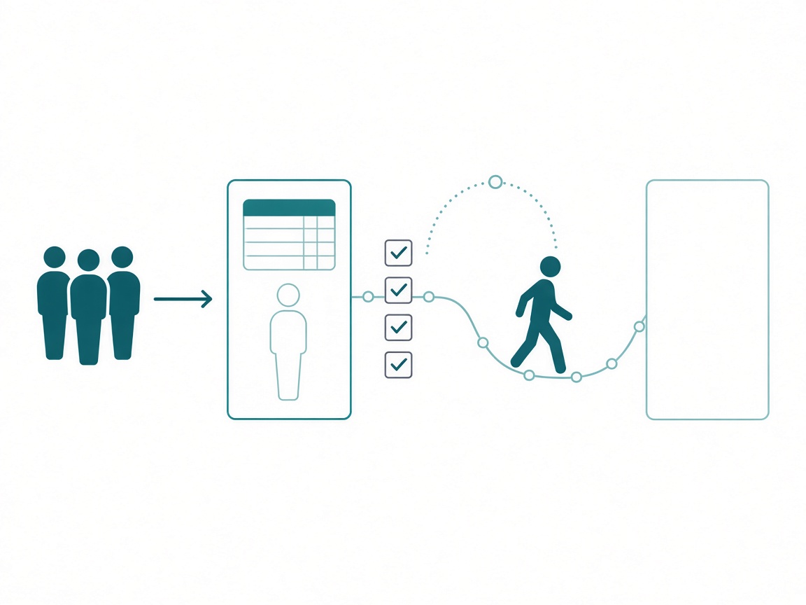 A team enters a bounded work area holding a lakehouse card, passes a gate of four checkboxes, and one figure walks out toward a new empty area while another figure stays behind, with a dotted arc looping back for support