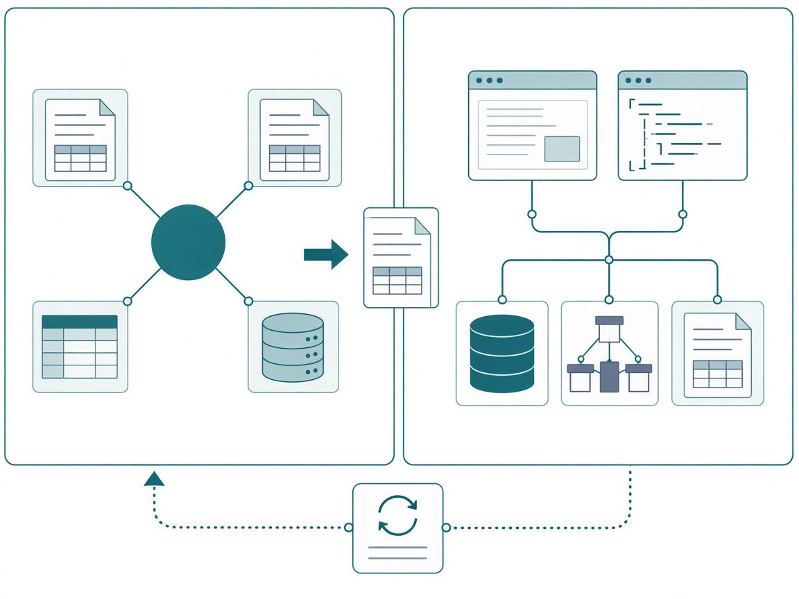 The context harness on the left holding a hub and its related pages, an arrow carrying an instructions page into the execution harness on the right, MCP connector nodes reaching from the execution harness into a lakehouse and a semantic model, and a dotted return arrow carrying a recap back to the hub