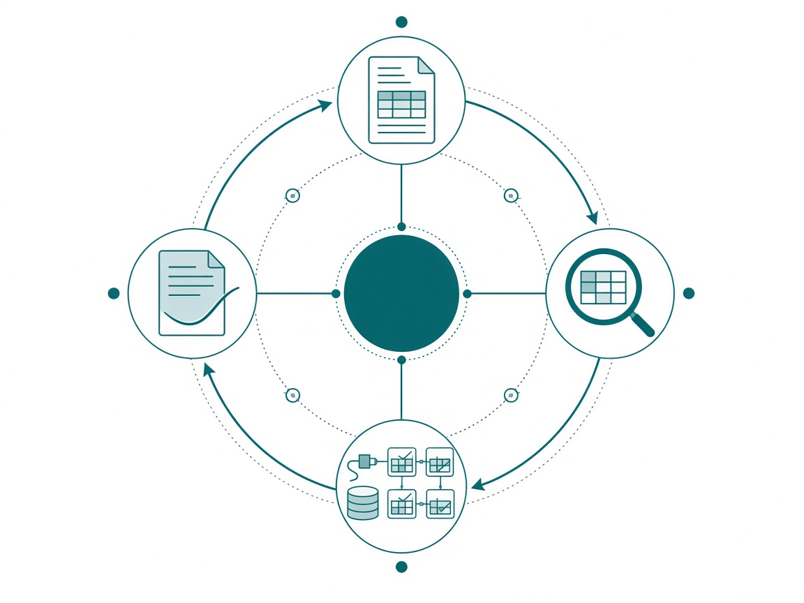 A circular loop of four nodes around a central project hub: an instructions page, a magnifying-glass survey, a build step reaching into a lakehouse and a semantic model, and a recap document flowing back into the hub