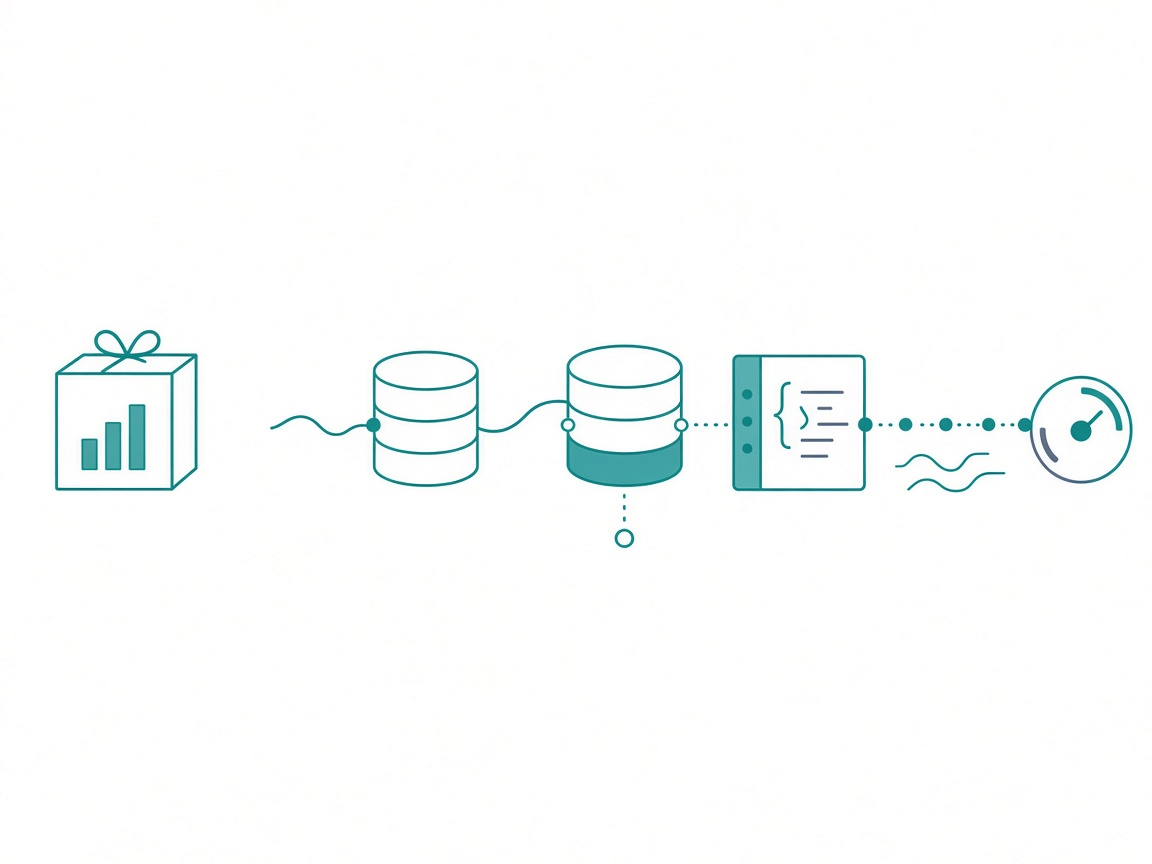 A closed gift box holding a small bar chart on the left, contrasted with a long chain on the right linking a source database, a layered lakehouse, a notebook card, dotted pipeline connectors, and a capacity gauge