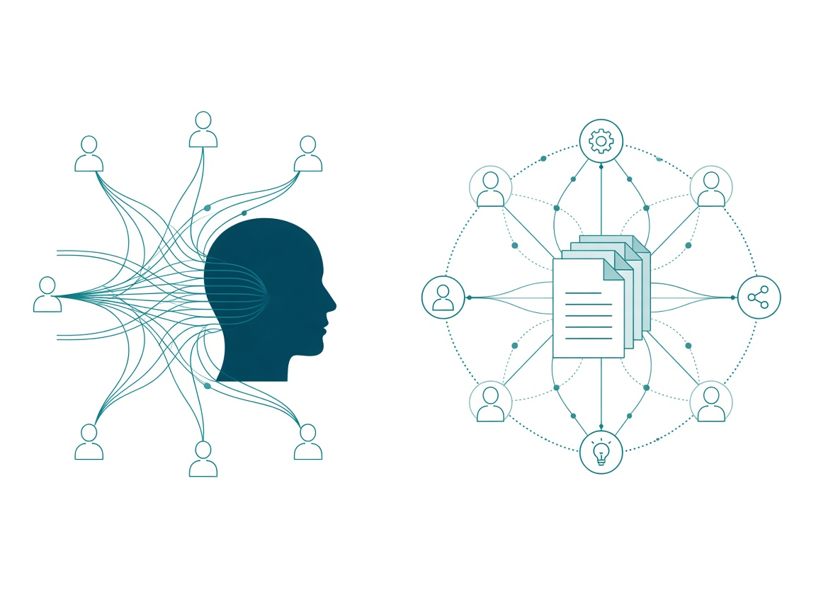 On the left, many small figures routing tangled lines into one solid head silhouette like a bottleneck; on the right, a central stack of documents radiating evenly to figures and agent nodes that also connect to each other
