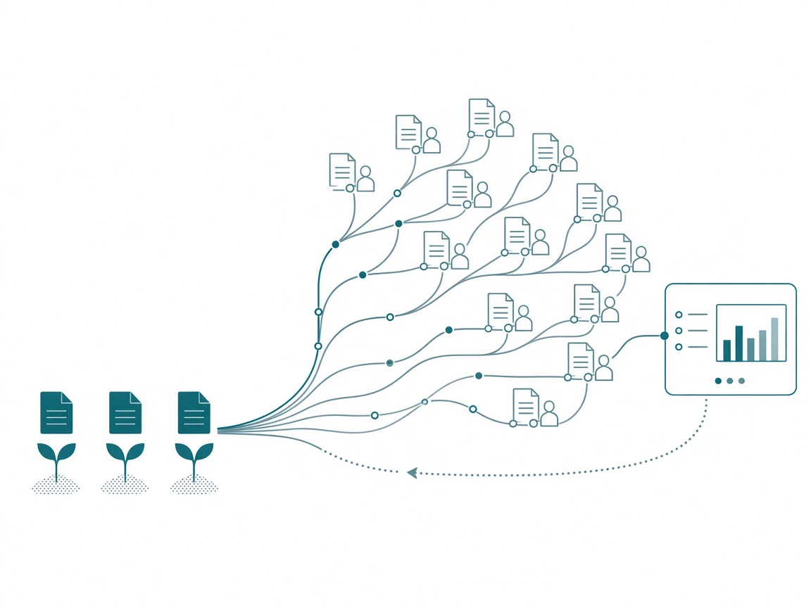 Three small document cards planted as seedlings on the left grow into a branching structure of many documents, each added by a small figure, feeding a dashboard on the right, with a dotted loop returning corrections into the structure