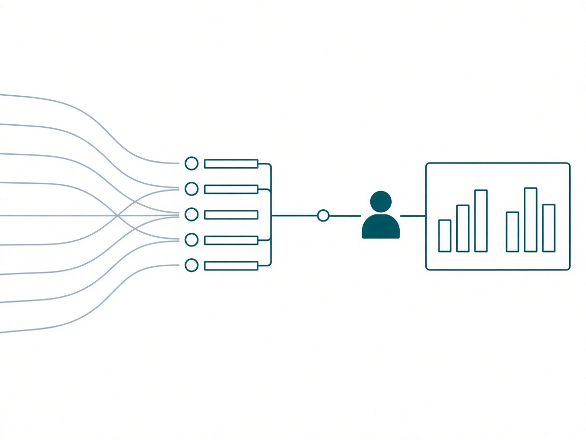 Many incoming flow lines converging into a gate of five stacked checklist bars, from which one consolidated line passes a node and reaches a single filled figure, then continues into a dashboard panel of bar charts
