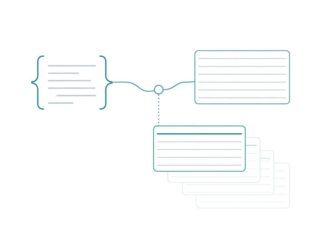 A block of code brackets flowing right through a single node into a clean table card, with a dotted branch dropping to a second table card whose thicker top row is trailed by three faint duplicate copies fanning out behind it