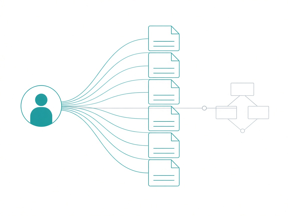 An oversized filled figure node with most of its outbound flow lines diverted into a tall stack of near-identical document cards, while a single thin line continues right toward an unreached architecture diagram