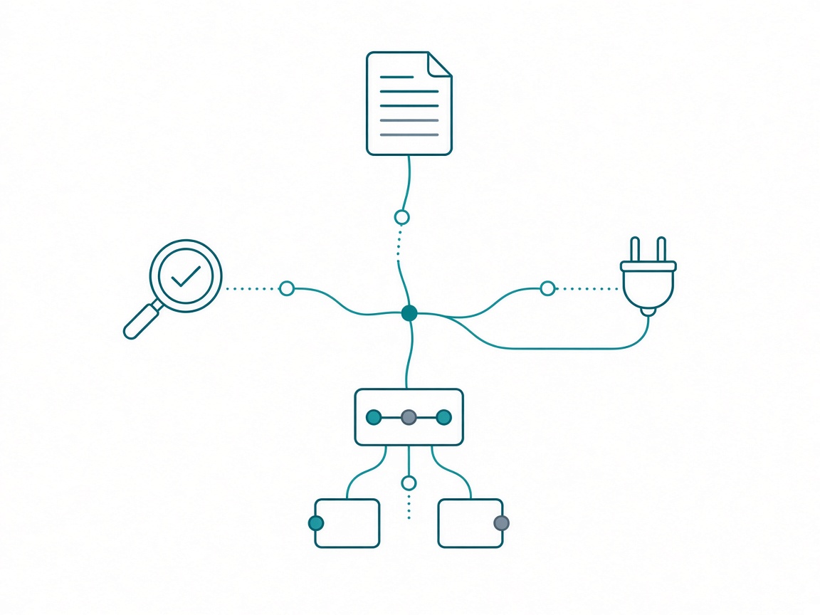 An agent node at the center connected by four thin lines to a document for knowledge, a plug connector for hands, a linked hub card for memory, and a magnifying glass with a check mark for eyes