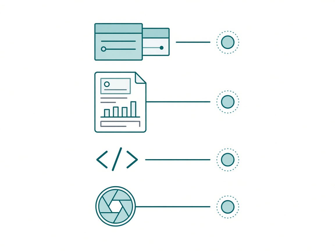 Four stacked layer bands, each holding one icon and exactly one tool node: linked table cards, a report page, code brackets, and a camera aperture