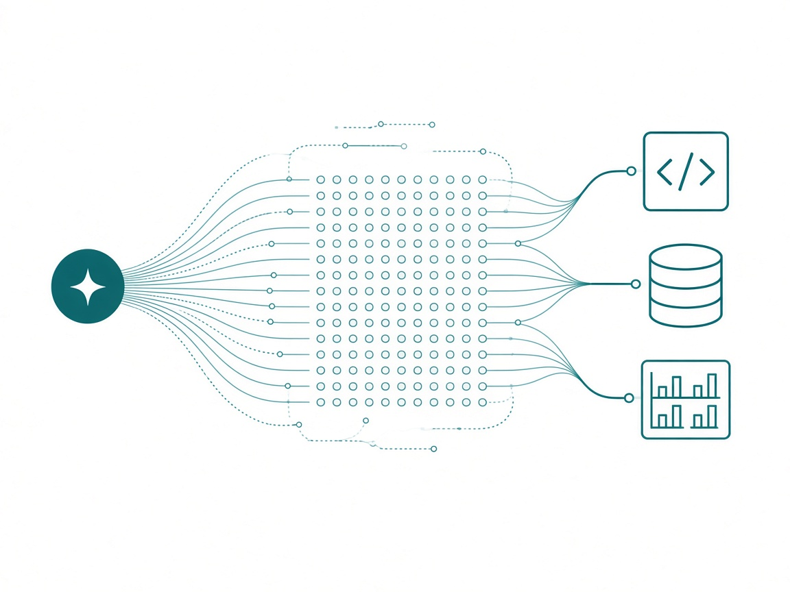 A filled agent node on the left fanning out through dozens of thin lines into a dense grid of small endpoint dots, which converge on the right into a code block, a database, and a dashboard panel