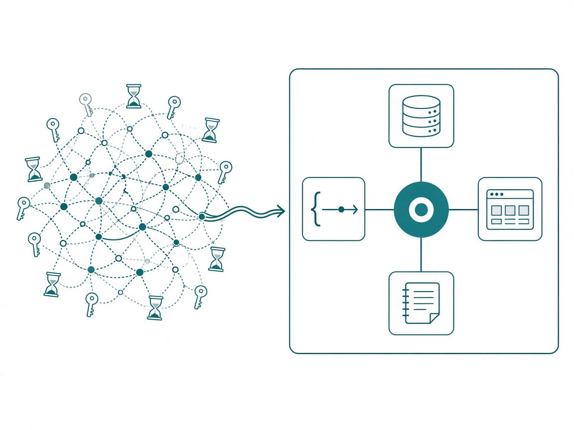 On the left, a tangle of key and hourglass icons attached by crossing dotted lines; on the right, four item cards inside one workspace frame, each connected by a clean line to a single filled identity node in the center