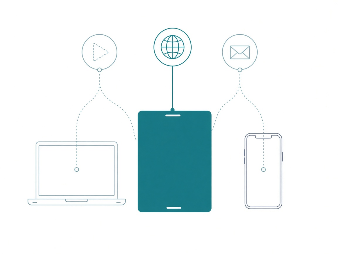 A laptop outline on the left and a phone outline on the right, with a solid filled tablet between them; task icons above connect to the tablet with solid lines and to the laptop and phone with faint dotted lines