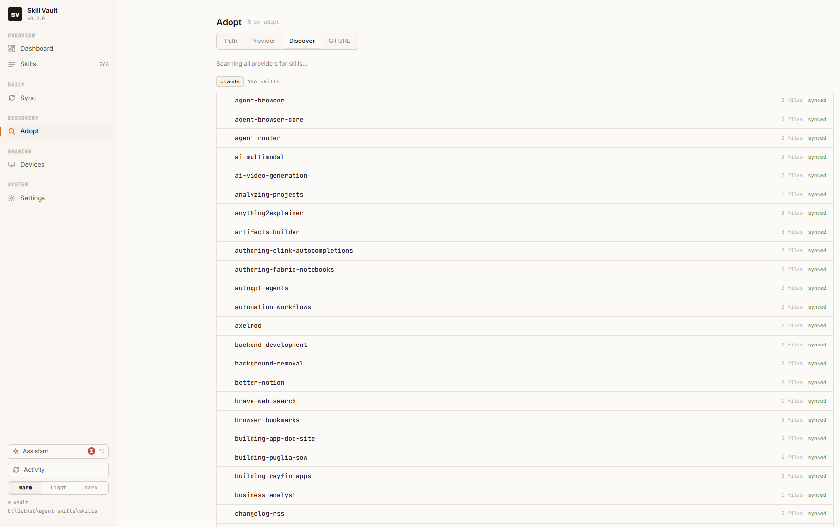 The Adopt page on the Discover tab, scanning all providers and listing 186 skills found in the claude provider with file counts and a synced status on each row
