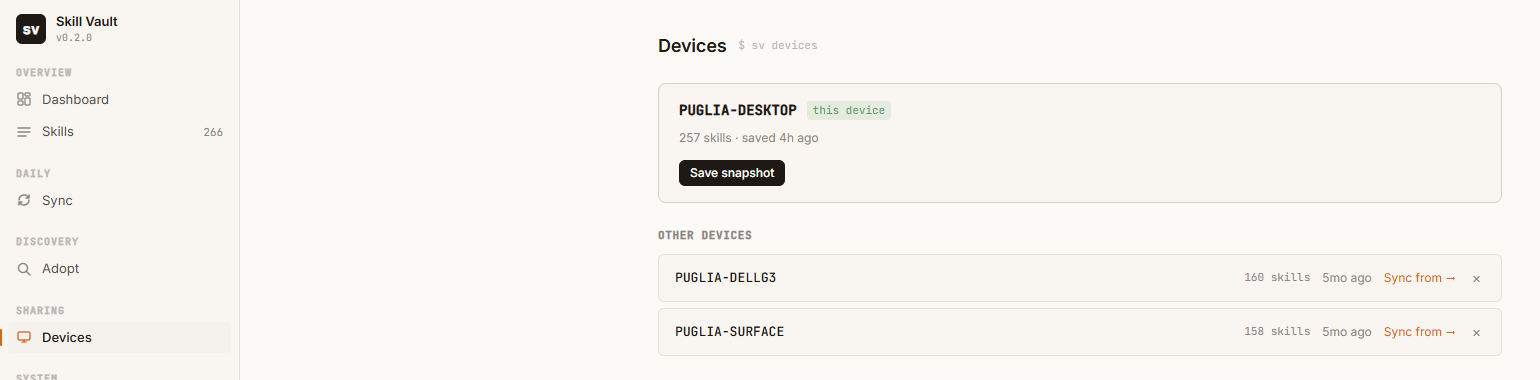 The Devices page showing PUGLIA-DESKTOP as this device with 257 skills, and two other devices, PUGLIA-DELLG3 with 160 skills and PUGLIA-SURFACE with 158, each with a Sync from link