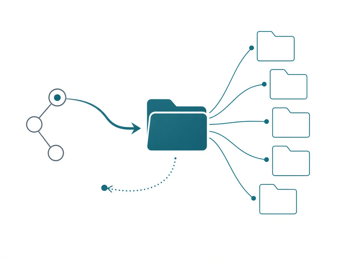 A git branch symbol on the left flows into one solid teal folder in the center, which links out to five outline folders on the right through thin lines ending in small nodes, with a dotted arrow looping back toward the git symbol