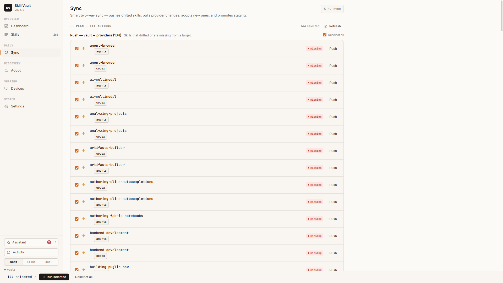 The Sync page showing a 144-action plan with checkboxes, listing skills to push from the vault to providers marked missing, with Run selected and Deselect all buttons at the bottom